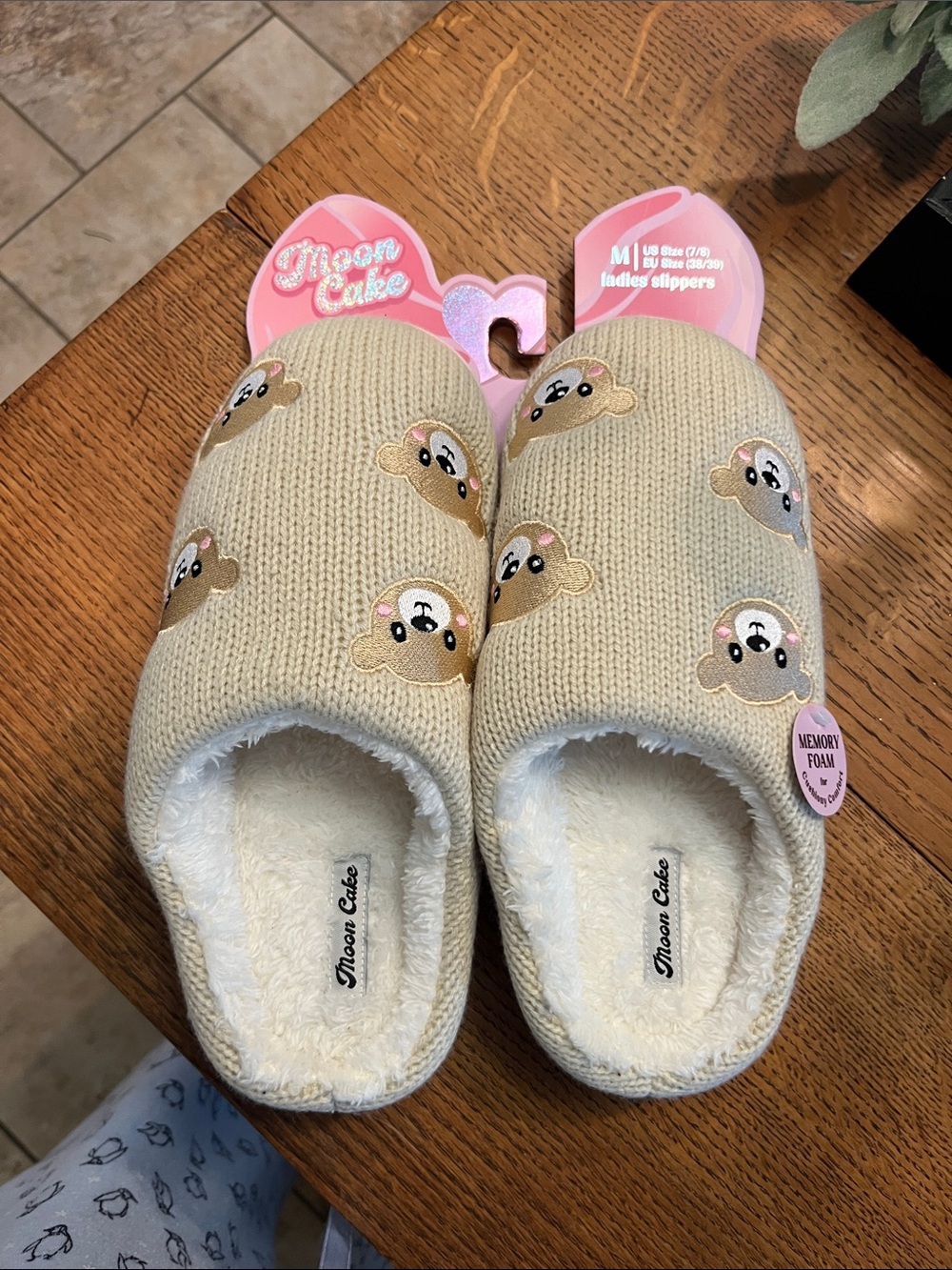 Beige Knit Bear Memory Foam Women's Slip-On Slippers